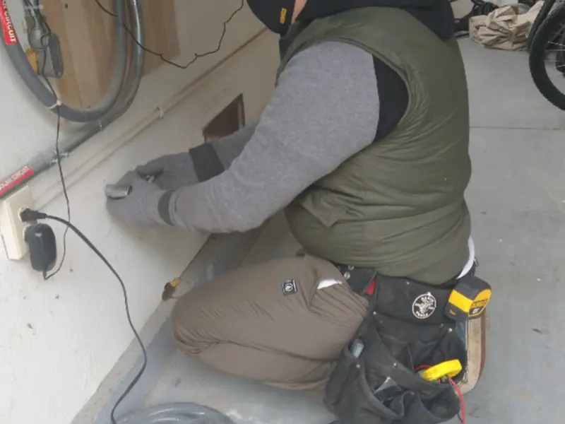 Electrician performing outlet wiring in a Center Point garage